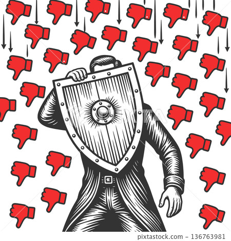Man Shielding from Online Dislikes Shield vector Man Shielding from Online Dislikes Shield vector 136763981