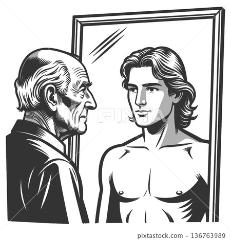 Aging Man Confronting His Younger Self in Mirror Aging Man Confronting His Younger Self in Mirror 136763989