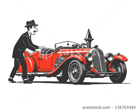 Man Pushing Vintage Red Classic Sports Car Man Pushing Vintage Red Classic Sports Car 136763993