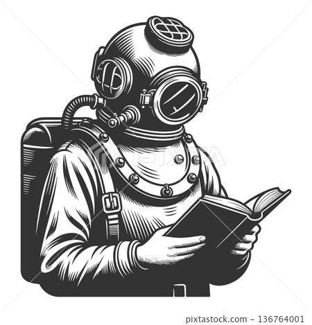 Vintage Deep Sea Diver Reading Book vector 136764001