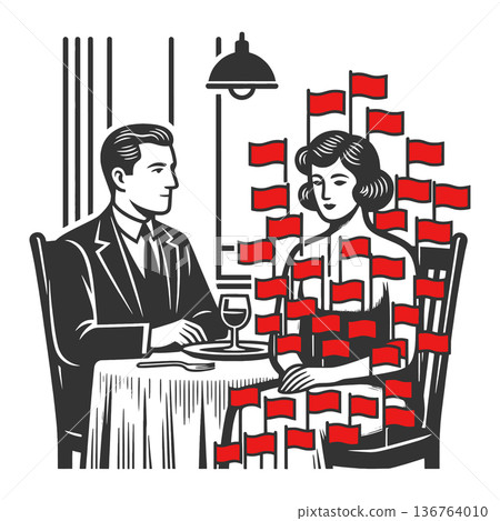 Gentleman Dining with Woman Covered in Red Flags 136764010