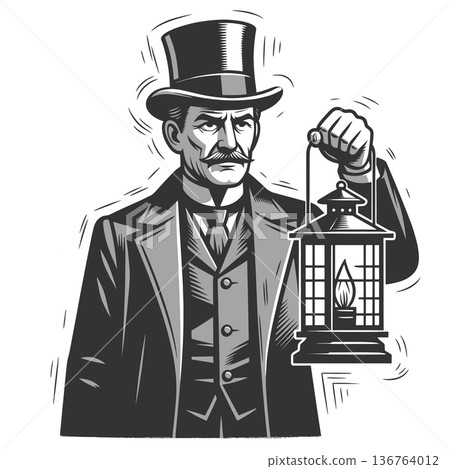 Victorian Gentleman Holding Lantern at Night 136764012