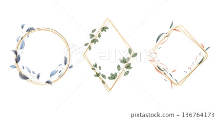 Three distinct watercolor golden frames are showcased on a white background. Each frame features delicate botanical leaves in various colors, including blue, green, and red-orange. Three distinct watercolor golden frames are showcased on a white background. Each frame features delicate botanical leaves in various colors, including blue, green, and red-orange. 136764173