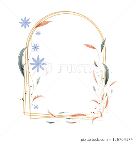Golden arched frame features delicate watercolor blue flowers and green, red leaves. Elegant floral elements adorn the decorative border on a clean white background, creating a soft design. Golden arched frame features delicate watercolor blue flowers and green, red leaves. Elegant floral elements adorn the decorative border on a clean white background, creating a soft design. 136764174