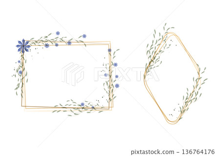 Two beautiful watercolor frames are displayed. A rectangular gold frame features blue flowers and green leaves. A diamond gold frame showcases delicate green foliage. Two beautiful watercolor frames are displayed. A rectangular gold frame features blue flowers and green leaves. A diamond gold frame showcases delicate green foliage. 136764176