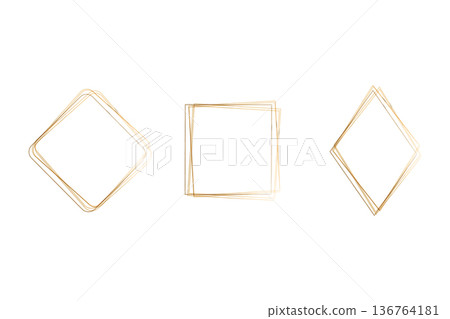 Three golden watercolor frames feature distinct geometric outlines on a clean white background. 136764181