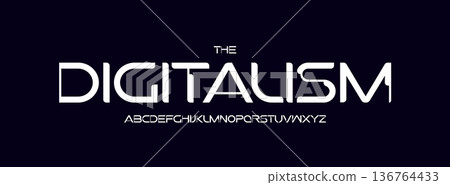 Contrast sans serif futuristic geometric logo font alphabet. Modern typographic design for scifi headline, space cyber text lettering, digital display title, robotic techno typography. Vector typeset. 136764433