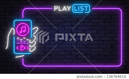 Neon vector illustration featuring the text Play List with music player elements. Great for streaming apps, audio platforms, and creative UI design. 136764618