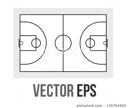 Top down view of a clean, minimalist basketball court diagram with center circle and hoops 136764868
