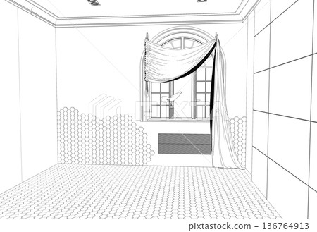 empty room, contour visualization, 3D illustration, sketch, outline 136764913