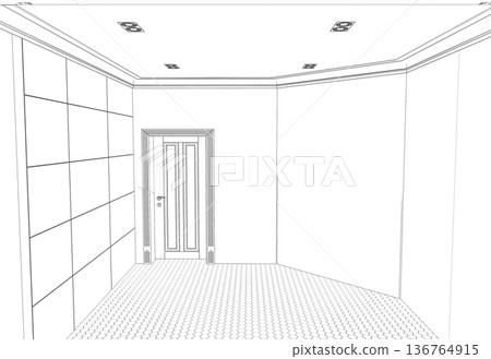empty room, contour visualization, 3D illustration, sketch, outline empty room, contour visualization, 3D illustration, sketch, outline 136764915