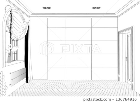empty room, contour visualization, 3D illustration, sketch, outline empty room, contour visualization, 3D illustration, sketch, outline 136764916