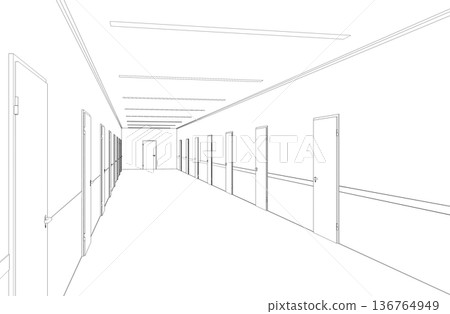 long corridor with doors, contour visualization, 3D illustration, sketch, outline 136764949