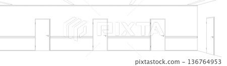 long corridor with doors, contour visualization, 3D illustration, sketch, outline 136764953