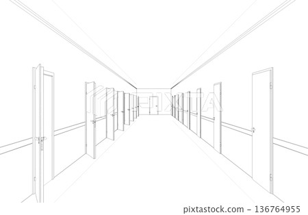 long corridor with doors, contour visualization, 3D illustration, sketch, outline 136764955