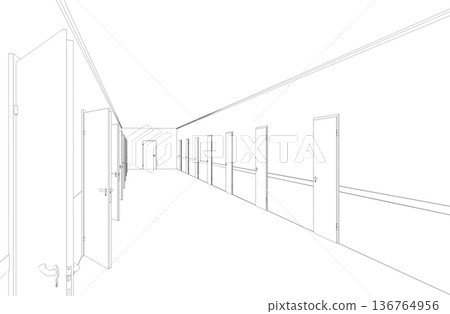 long corridor with doors, contour visualization, 3D illustration, sketch, outline 136764956