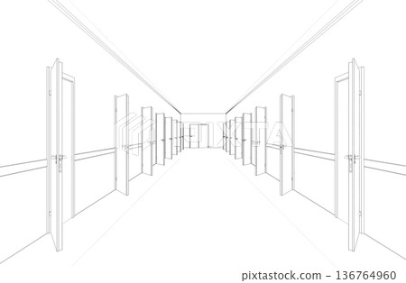 long corridor with doors, contour visualization, 3D illustration, sketch, outline long corridor with doors, contour visualization, 3D illustration, sketch, outline 136764960