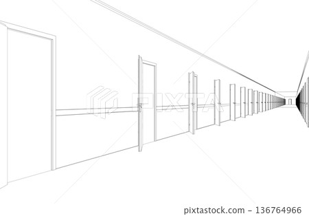 long corridor with doors, contour visualization, 3D illustration, sketch, outline 136764966