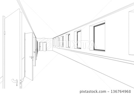 long corridor with doors, contour visualization, 3D illustration, sketch, outline 136764968