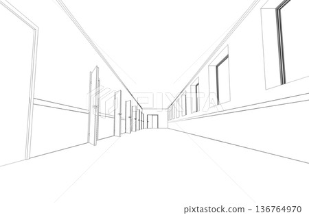 long corridor with doors, contour visualization, 3D illustration, sketch, outline 136764970