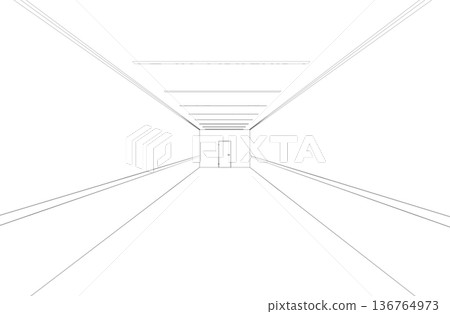 long corridor with doors, contour visualization, 3D illustration, sketch, outline 136764973