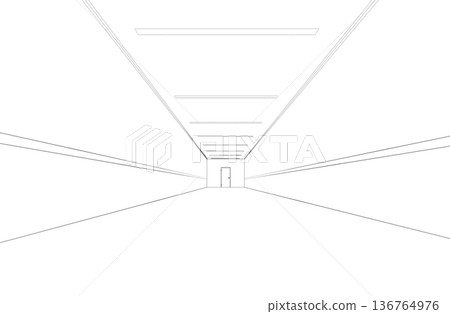long corridor with doors, contour visualization, 3D illustration, sketch, outline 136764976