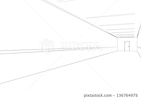 long corridor with doors, contour visualization, 3D illustration, sketch, outline 136764978