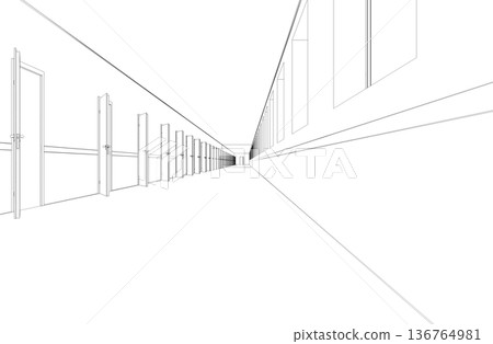 long corridor with doors, contour visualization, 3D illustration, sketch, outline long corridor with doors, contour visualization, 3D illustration, sketch, outline 136764981
