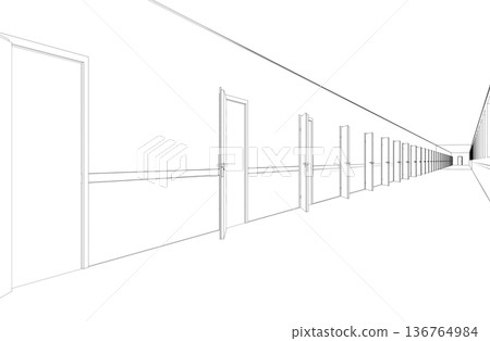 long corridor with doors, contour visualization, 3D illustration, sketch, outline 136764984