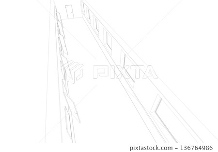 long corridor with doors, contour visualization, 3D illustration, sketch, outline long corridor with doors, contour visualization, 3D illustration, sketch, outline 136764986
