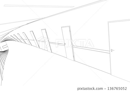 long corridor with doors, contour visualization, 3D illustration, sketch, outline long corridor with doors, contour visualization, 3D illustration, sketch, outline 136765052