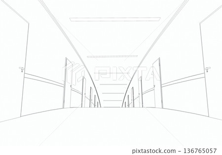 long corridor with doors, contour visualization, 3D illustration, sketch, outline 136765057