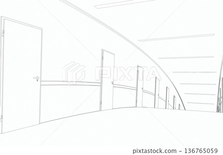 long corridor with doors, contour visualization, 3D illustration, sketch, outline 136765059