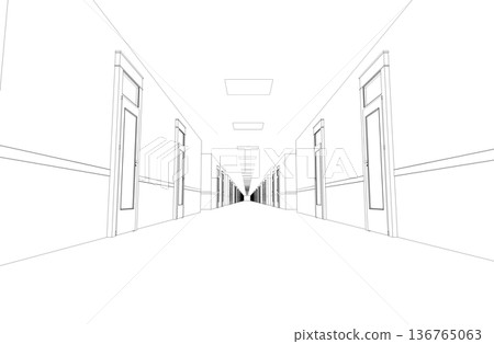 long corridor with doors, contour visualization, 3D illustration, sketch, outline long corridor with doors, contour visualization, 3D illustration, sketch, outline 136765063