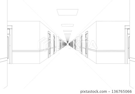 long corridor with doors, contour visualization, 3D illustration, sketch, outline 136765066