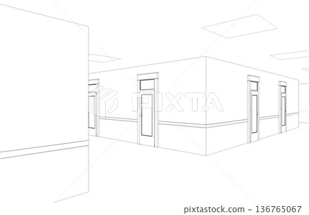 long corridor with doors, contour visualization, 3D illustration, sketch, outline long corridor with doors, contour visualization, 3D illustration, sketch, outline 136765067
