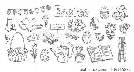 Spring decorative elements set of outline hand drawn simple objects seasonal cottagecore illustration nest, glove, bird, butterfly, flowers, book, mug, basket, ladybug, seeds, Easter egg, watering can 136765822