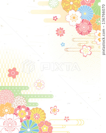 Japanese spring flowers and Japanese pattern background material / Pastel Japanese design of cherry blossoms and traditional patterns Japanese spring flowers and Japanese pattern background material / Pastel Japanese design of cherry blossoms and traditional patterns 136766070