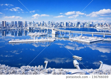 Odaiba Seaside Park and Rainbow Bridge in snow 136766089