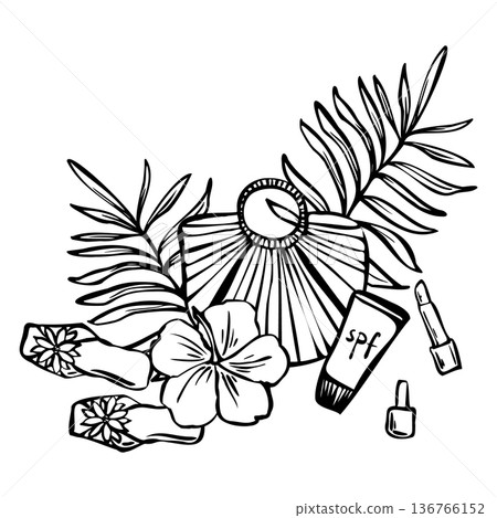 Summer vacation vector line art with straw bag, palm leaves, sandals, sunscreen SPF, lipstick and tropical flower. Ideal for travel design, cosmetic branding, beach packaging, and fashion graphics. 136766152