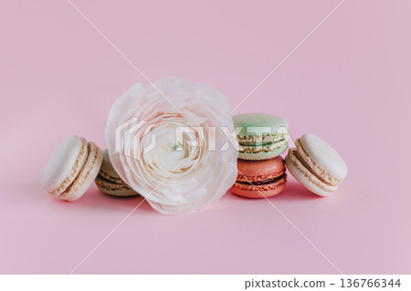 Tasty french macarons with beautiful flower on a pink pastel background. Tasty french macarons with beautiful flower on a pink pastel background. 136766344