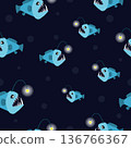 Seamless cartoon angler fish pattern. Vector marine background with anglers 136766367