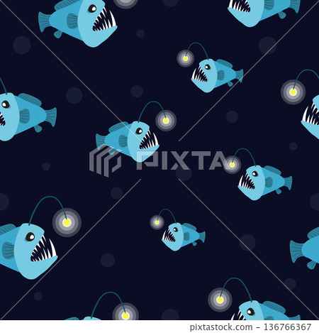 Seamless cartoon angler fish pattern. Vector marine background with anglers Seamless cartoon angler fish pattern. Vector marine background with anglers 136766367