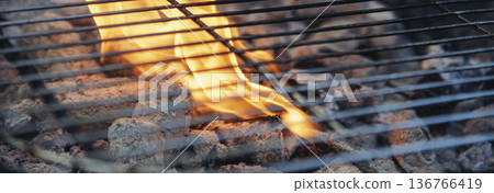 Banner BBQ Barbecue grilled meat stick on fire flame hot charcoal cooking outdoor. Banner Beef grilling picnic rib smoke bacon american cuisine. Grill pork heat bbq rack fire flame with copy space 136766419