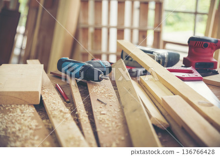 DIY craftsperson wood heap carpenter objects woodwork handyman desk. Architect tools with ruler measure hammer home improvement equipments. Wooden builder carpenter repairing construction workshop DIY craftsperson wood heap carpenter objects woodwork handyman desk. Architect tools with ruler measure hammer home improvement equipments. Wooden builder carpenter repairing construction workshop 136766428