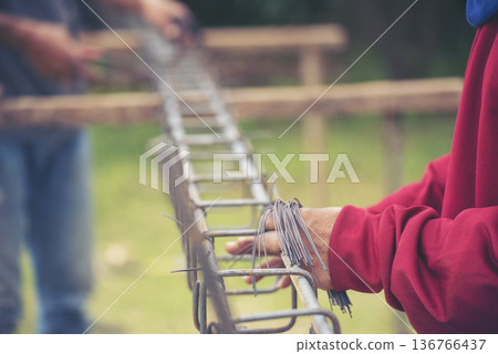 Construction Men hands bending cutting steel wire fences bar reinforcement of concrete work. Worker hands using pincer pliers iron wire. Outdoor Worker using wire bending pliers, construction work Construction Men hands bending cutting steel wire fences bar reinforcement of concrete work. Worker hands using pincer pliers iron wire. Outdoor Worker using wire bending pliers, construction work 136766437