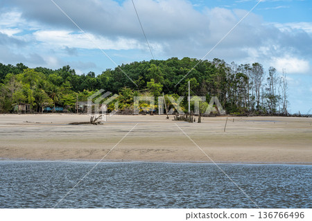 Barra velha beach at Soure, Marajo in Para, Brazil. Beautiful beach and mangrove trees with their great crooked roots Barra velha beach at Soure, Marajo in Para, Brazil. Beautiful beach and mangrove trees with their great crooked roots 136766496
