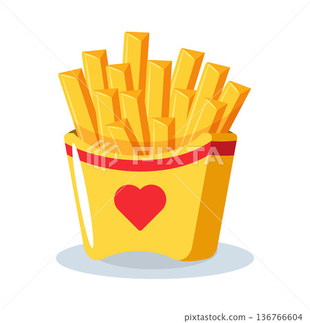 Cute cartoon french fried potato in colorful paper box, junk food element for restaurant menu. Cute cartoon french fried potato in colorful paper box, junk food element for restaurant menu. 136766604