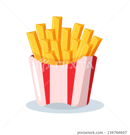 Cute cartoon french fried potato in colorful paper box, junk food element for restaurant menu. 136766607