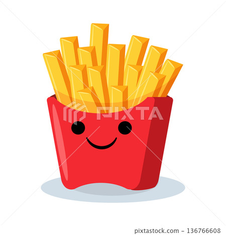 Cute cartoon french fried potato in colorful paper box, junk food element for restaurant menu. Cute cartoon french fried potato in colorful paper box, junk food element for restaurant menu. 136766608